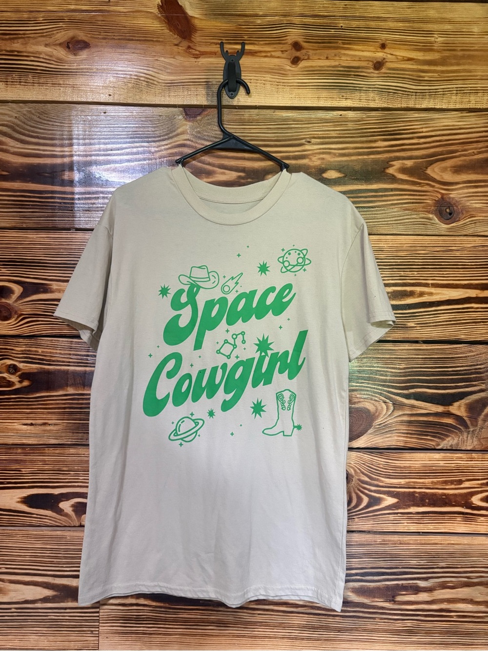 Space Cowgirl Graphic Tee - Cream with Green Print